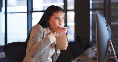 Office, computer and woman with fast food at desk, reading email or online report for project