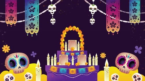 Colorful Day of the Dead Altar with Sugar Skulls Animation
