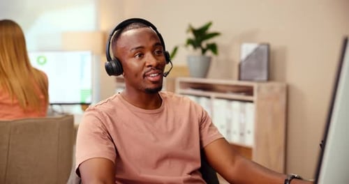Call center, businessman and headset with computer for agent, customer information