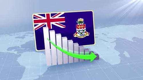 Cayman Islands Flag With Decrease Bar Chart Graph And Arrow Green