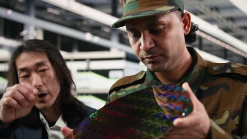 Close Up of Microchip Factory Expert and Military Intelligence Officer