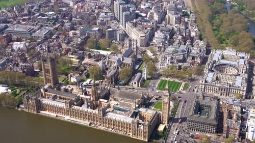 Aerial view of the Houses of Parliament, Big Ben, Parliament Square and Westminster Abbey. London UK