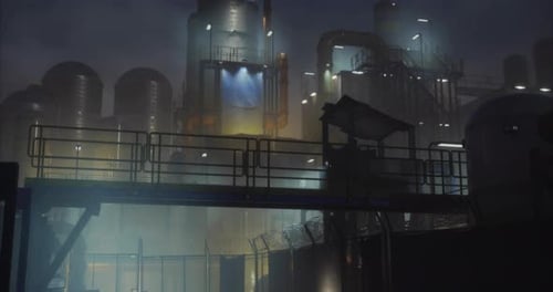 Animated Industrial Factory Background with Fog and Barbed Wire