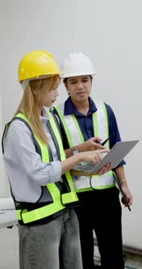 Asian female engineer holds laptop beside male supervisor, looking upward and pointing during