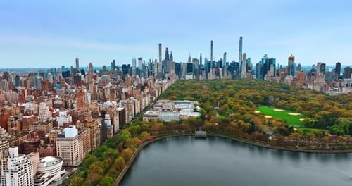 Flying over the Central Park in New York. Lush greenery of the park surrounded