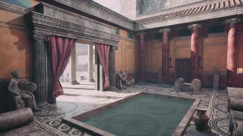 Interior de villa romana antigua con piscina y arquitectura decorativa