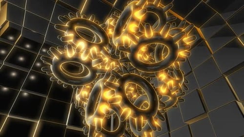 Golden Glowing Gears Abstract Animated Loop Background
