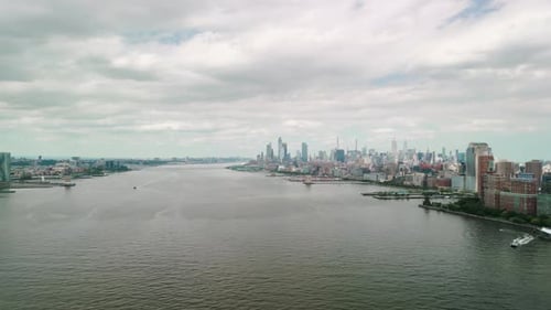 Aerial Drone View of the New York City Skyline Buildings in Hudson Yards the River Jersey Cityscape