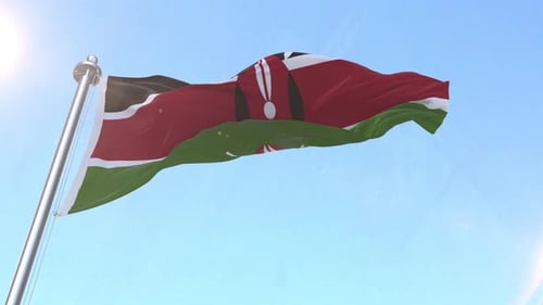 Kenya National Flag Waving Realistically Against Blue Sky