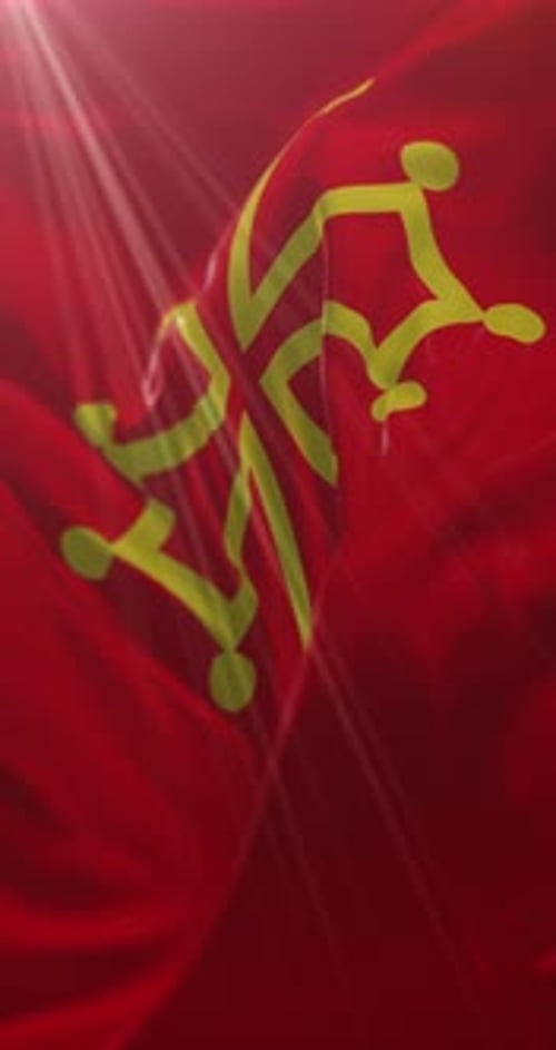 Occitan Cross Flag Waving with Sunlight Ray in Vertical Frame