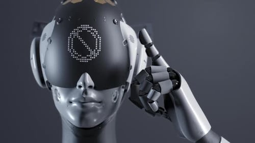 Futuristic Robot Head with Animated Pixel UI Display