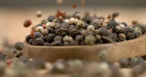 Mixed peppercorns in a super slow motion. Dry mix peppercorns close up.