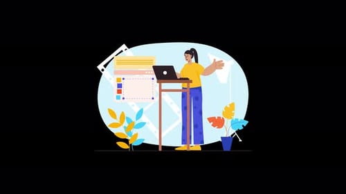 Person presenting with a laptop and creative background