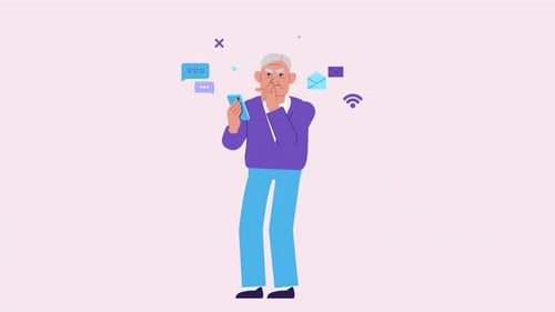 Elderly man using smartphone animation. Senior looks at phone, confused and puzzled