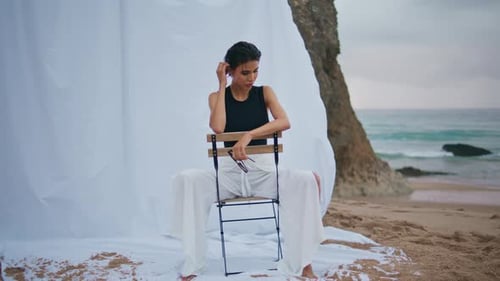 Gorgeous Brunette Shooting Beach Outdoors Sexy Seductive Girl Posing Camera