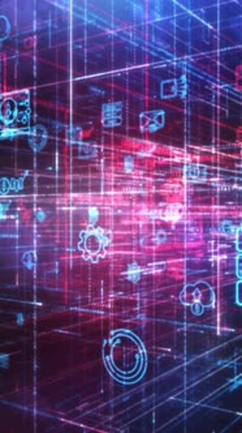 Futuristic Technology Grid with Animated Digital Network Icons