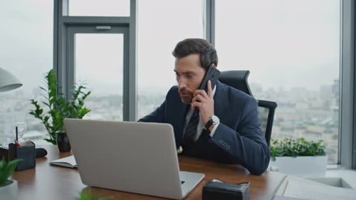 Busy Trader Talking Telephone Worried Profit Loss Sitting Luxury Office Close Up