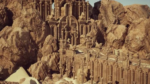 Ancient Stone Temple Surrounded By Rugged Mountains Under Bright Blue Sky