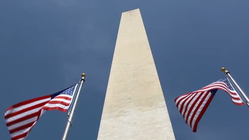 Washington Monument with American Flags Waving in Breeze