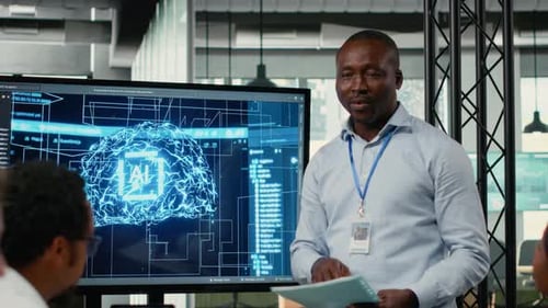 Tech Startup Office Manager Doing Presentation on Neural Network Technology