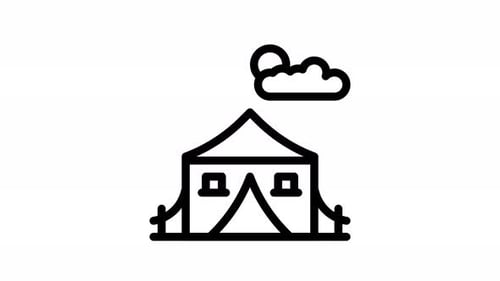 Animated Camping Tent Icon with Sun and Cloud