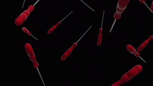 Falling red screwdrivers over alpha channel. Rain of screwdrivers. Screwdrivers background.