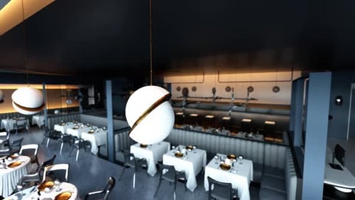 Empty Upscale Restaurant Interior with Elegant Decor and Modern Lighting