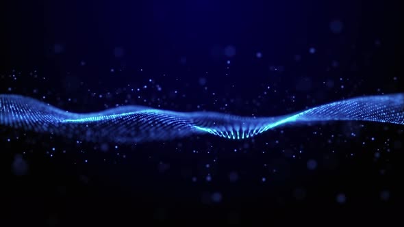 Abstract glowing high-tech wave flows in digital space. Particle and ...