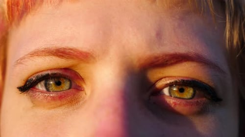 Green Eyes of Attractive Lady Looking Into Camera Outdoor Face of Pretty Female Illuminating By