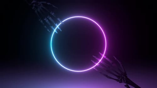 Neon Skeleton Hands Reaching for Glowing Circle Halloween