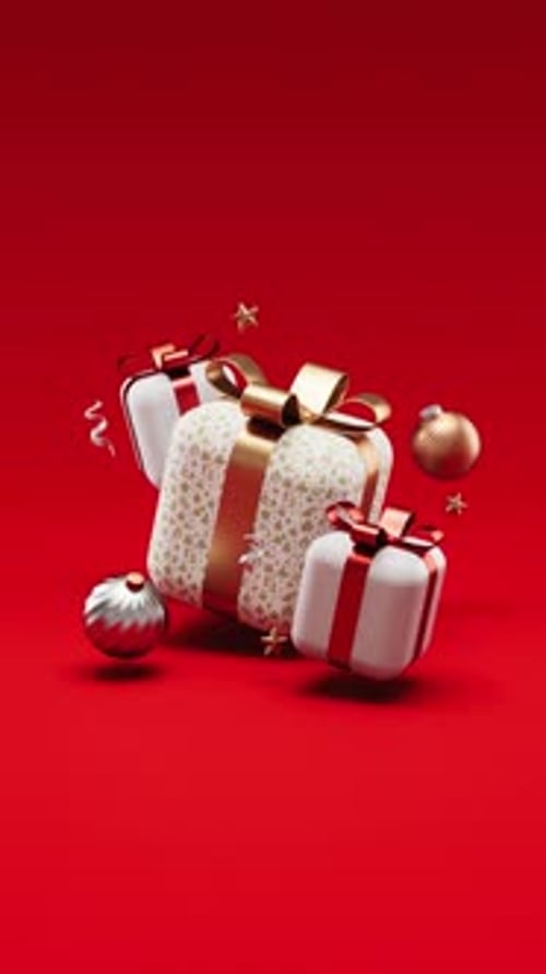 Animated Christmas Gift Boxes and Ornaments on Red Background