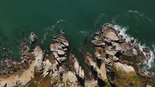 Wild Rocky Cliffs By Sea Aerial View By Drone Top View Cliffs Bask Bright Sun Sea's Beauty Beneath