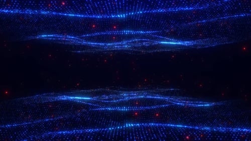 Digital blue dynamic wave and orange particle lights, data flow, cyber technology background