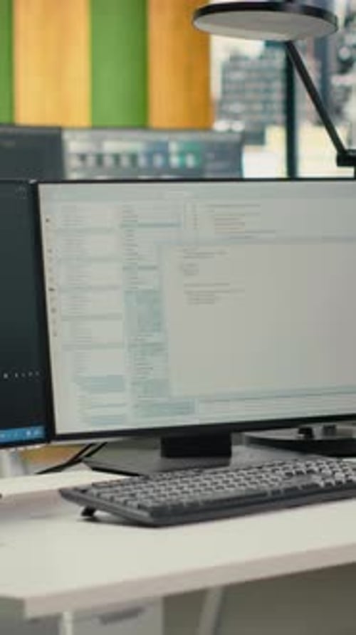 Vertical Video Advanced AI Algorithms Running on Computer Monitors in Empty Startup Workspace