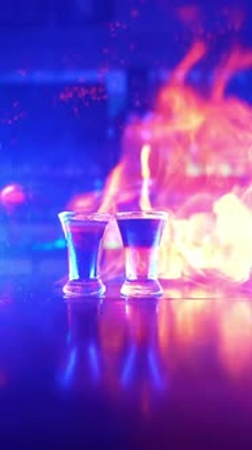 Glass of Alcoholic Drink on Fire on a Bar Counter Closeup in a Nightclub
