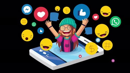 Happy Girl Emerging From Phone With Social Media Icons