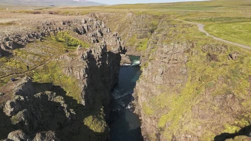 Aerial View of Iceland Waterfalls and Canyons Summer Day Landscape