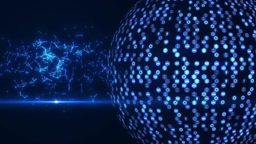 Hexagon Tech Ball-Animation mit Plexus-Netzwerk mit optischem Flare auf dunkelblauem Hintergrund. Sechseck