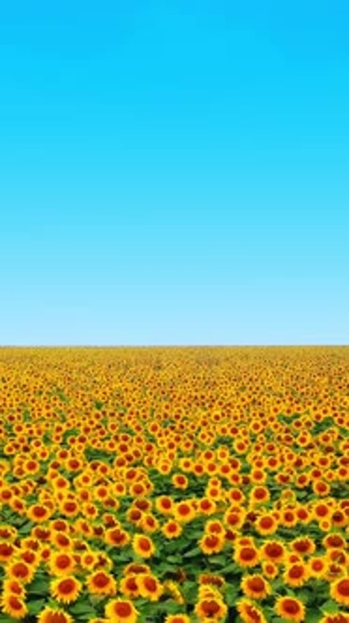 Flowering yellow and brown sunflowers on the field over the sky background at sunset.
