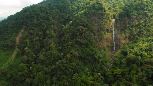 Aerial of Tall Rainforest Waterfall Amid Thick Green Tropical Forest Costa Rica
