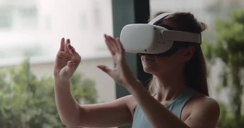 Portrait Attractive Girl Wearing Virtual Reality Headset at School Lesson Cheerful Schoolgirl