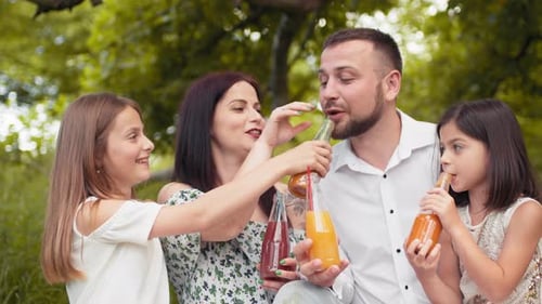 Smiling Father Mother and Two Cute Daughters Drinking Fresh Juice at Green