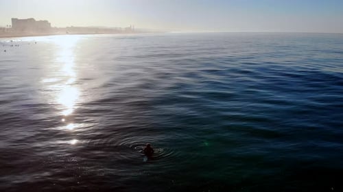 Lone sufer in sunrise silhouette waits for wave in Pacific Ocean at Huntington Beach California, 4k,