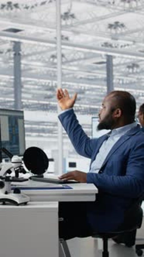 Vertical Video Multiracial Men and Women in Microchip Factory Office Working Together