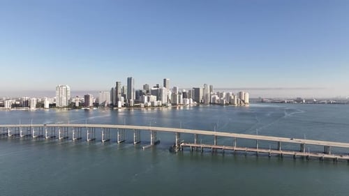 Aerial view of Miami skyline and Rickenbacker Causeway, Florida, United States.