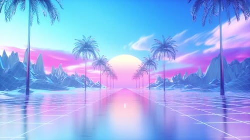 Hintergrund im Synth-Wave-Stil mit bunter endloser Straße mit Palmen und Landschaft