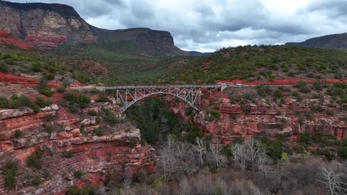 Aerial view of Midgley Bridge over canyon, United States.
