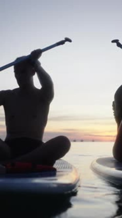 Caucasian Adults Paddling Their Paddle Surfboards in the Sea