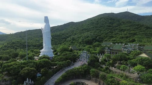 Massive Lady Buddha statue overlooking coastline in Da Nang, Vietnam