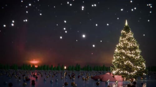 Festive Christmas Tree Under Northern Lights with Falling Snow